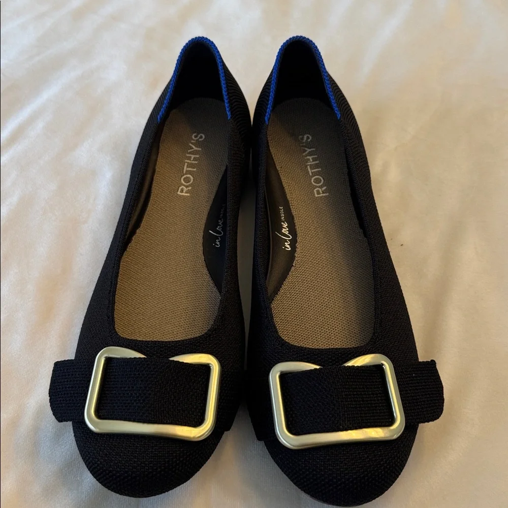 Rothy's The Emblem Round Toe Black Flats with Gold Buckle, sz 8.5 - Picture 2 of 6